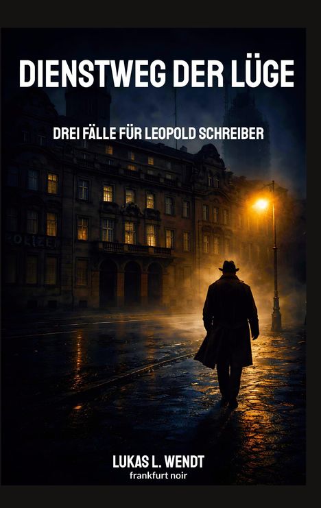 Titel: "Dienstweg der Lüge". Untertitel: "Drei Fälle für Leopold Schreiber". Autor: Lukas L. Wendt. Noir-Szene mit Silhouette.