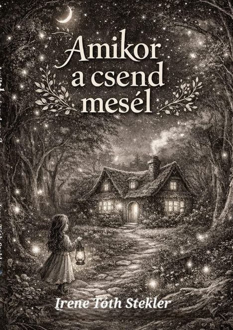 "Amikor a csend mesél" und "Irene Tóth Stekler". Eine nächtliche Szene mit einem Mädchen, das eine Laterne hält.