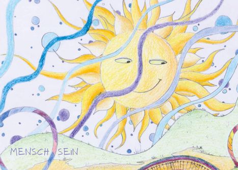 "Mensch sein" steht auf einer bunten Illustration mit einer fröhlichen Sonne, farbigen Bändern und schwebenden Kugeln.