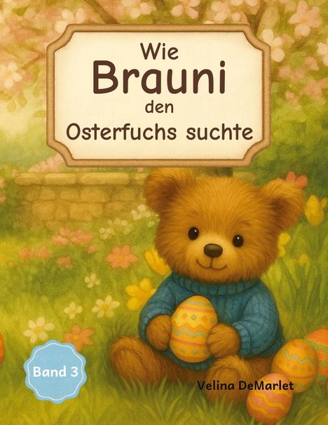 Text: "Wie Brauni den Osterfuchs suchte" und "Band 3". Illustration: Ein lächelnder Teddybär hält bunte Eier.