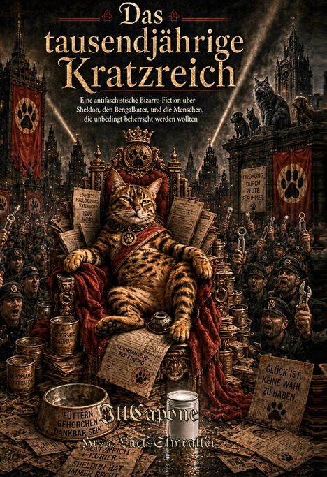 Text: „Das tausendjährige Kratzreich“. 
Ein Bengal-Kater thront majestätisch, umgeben von einer Armee und Propaganda-Elementen mit Pfoten-Symbolik.