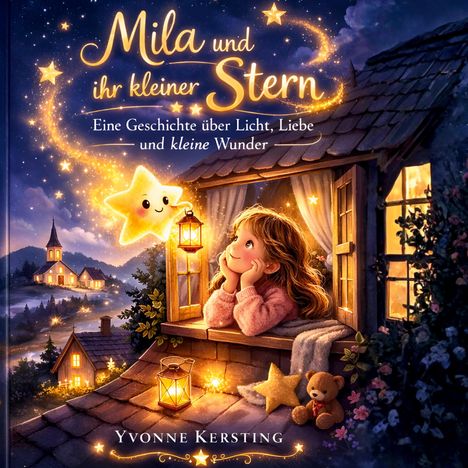 "Mila und ihr kleiner Stern" und "Eine Geschichte über Licht, Liebe und kleine Wunder". Mädchen schaut aus Fenster zum Stern.