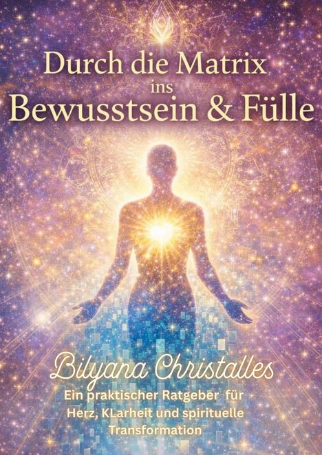 „Durch die Matrix ins Bewusstsein & Fülle“ oben. Unten: „Bilyana Christalles, Ein praktischer Ratgeber...“. Silhouette vor Licht.