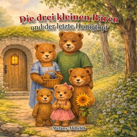 „Die drei kleinen Bären und der letzte Honigtopf“. Vier Bären mit Kleidung und Blumengarten vor einem Haus.
