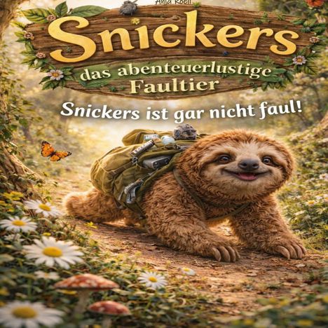 "Snickers – das abenteuerlustige Faultier. Snickers ist gar nicht faul!" Fröhliches Faultier mit Rucksack im Wald.
