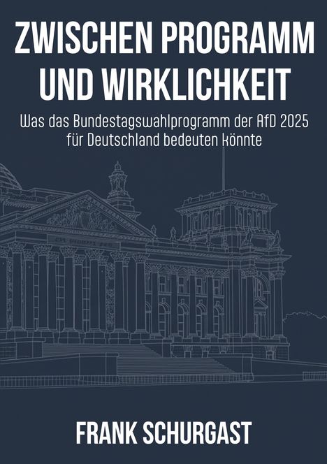 Text: "ZWISCHEN PROGRAMM UND WIRKLICHKEIT. Was das Bundestagswahlprogramm der AfD 2025 für Deutschland bedeuten könnte. FRANK SCHURGAST." 

Hintergrund: Illustration eines Gebäudes.