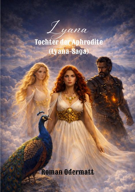 "Iyana: Tochter der Aphrodite (Iyana-Saga)" steht oben. Darunter drei Personen und ein Pfau auf einem Wolkenhintergrund.