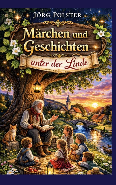 „Jörg Polster, Märchen und Geschichten unter der Linde.“ Alte Person erzählt Kindern unter Baum, Dorf im Hintergrund.
