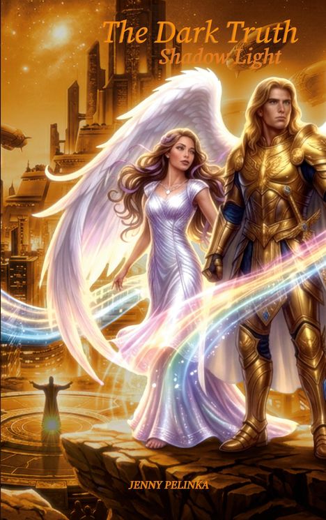 „The Dark Truth: Shadow Light“ steht oben, unten „Jenny Pelinka“. Eine Frau mit Flügeln und ein gepanzerter Mann, goldener Himmel.