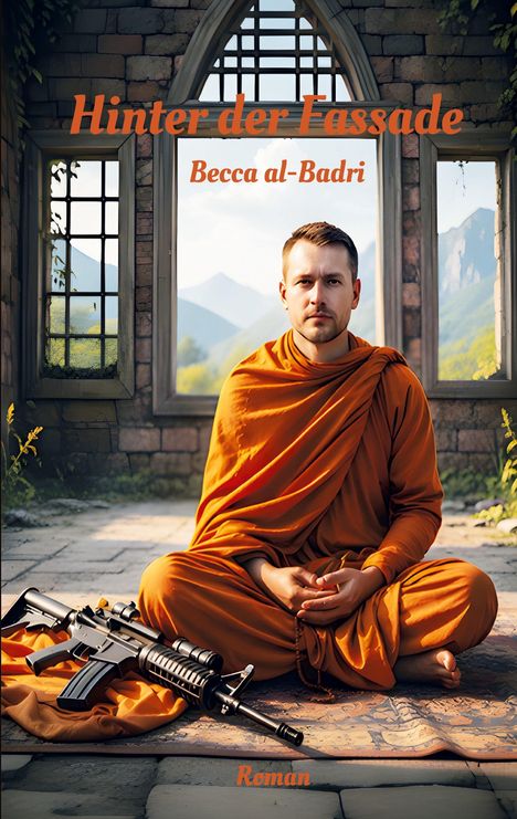 Text: „Hinter der Fassade“, „Becca al-Badri“, „Roman“. Ein Mann in orangefarbener Robe sitzt meditierend, Gewehr daneben.