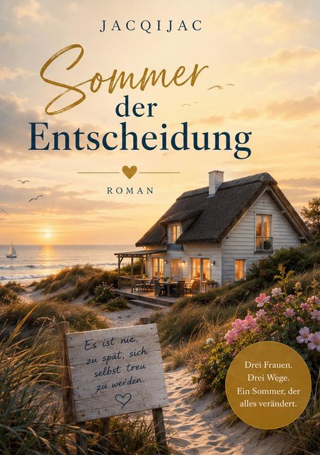 "Sommer der Entscheidung", Roman. "Es ist nie zu spät, sich selbst treu zu werden." Strandhaus, Sonnenuntergang, Blumen.