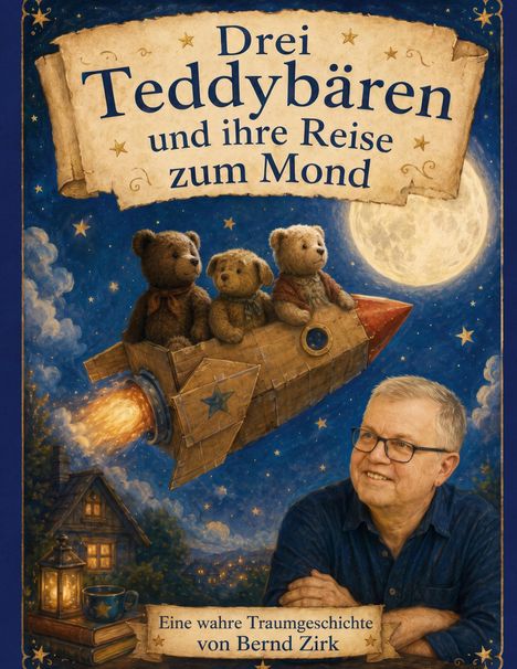 Titel: "Drei Teddybären und ihre Reise zum Mond". Illustration: Drei Teddys in einer Rakete vor Mond und Sternen.