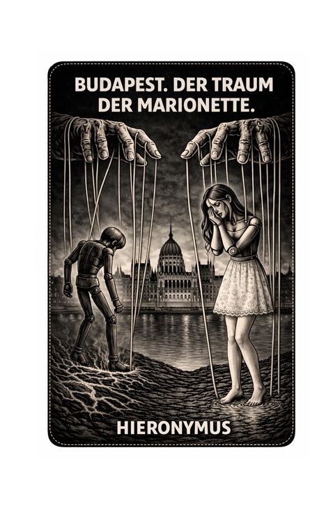 Der Text lautet: "BUDAPEST. DER TRAUM DER MARIONETTE. HIERONYMUS." Eine Illustration zeigt Marionetten vor einem Gebäude.
