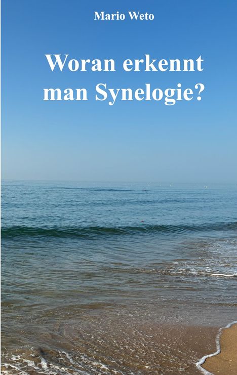 Text: "Mario Weto - Woran erkennt man Synelogie?". Küstenlandschaft mit blauem Himmel und ruhigem Meer.