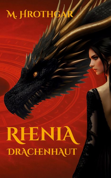 "M. HROTHGAR, RIENIA, DRACHENHAUT." Eine Illustration mit einem Drachenkopf und einer Frau vor rotem Hintergrund.