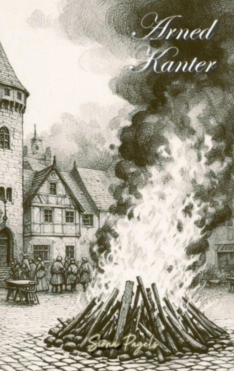 Arnold Kanter. Illustration eines mittelalterlichen Stadtplatzes mit einem großen Holzfeuer und einer Menschenmenge.
