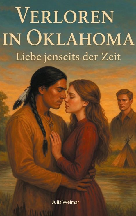 "Verloren in Oklahoma. Liebe jenseits der Zeit. Julia Weimar." Eine Illustration zeigt ein Paar vor Sonnenuntergang und ein Tipi.
