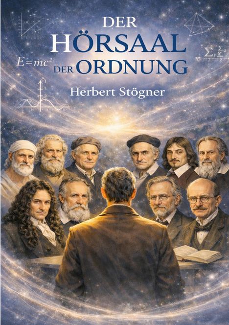 Text: "Der Hörsaal der Ordnung" und "Herbert Stögner". Illustration mit berühmten Männern um eine stehende Person.