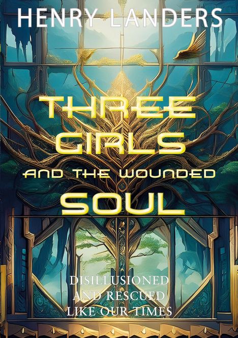 "Three Girls and the Wounded Soul. Disillusioned and rescued like our times." Baum und Fensterrahmen in fantasievollem Stil.