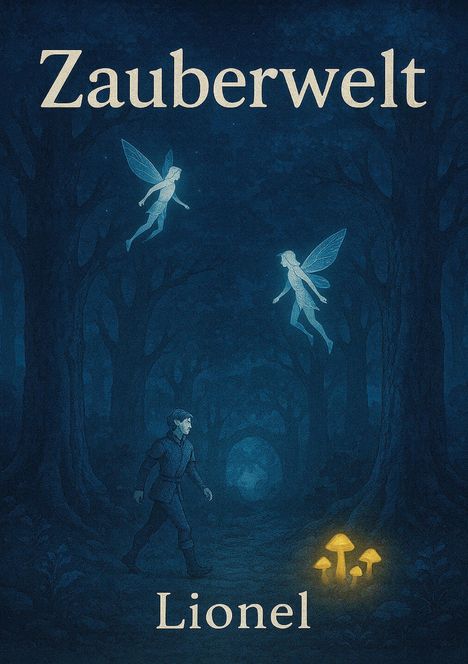 "Zauberwelt. Lionel." Illustration: Ein Junge im Wald, umgeben von leuchtenden Feen und Pilzen bei Nacht.