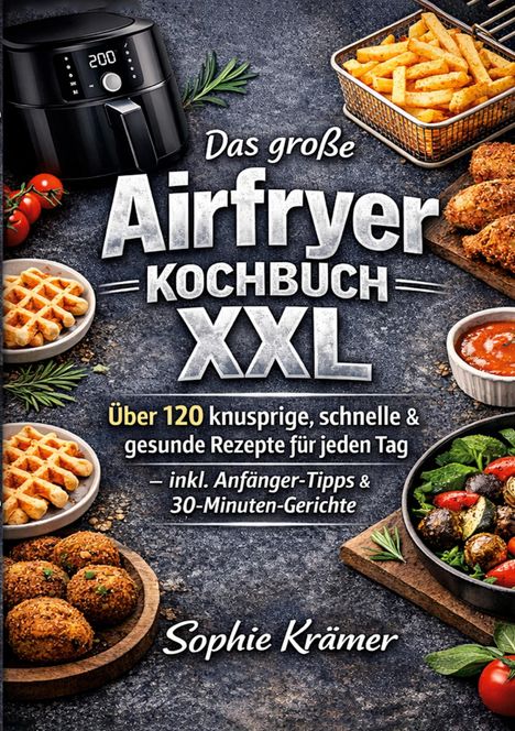 Titel: Das große Airfryer Kochbuch XXL. Über 120 knusprige, schnelle & gesunde Rezepte, inkl. Anfänger-Tipps. Autor: Sophie Krämer. Abgebildet sind ein Airfryer, Pommes, Waffeln, Gemüse, Falafel und Gewürze.