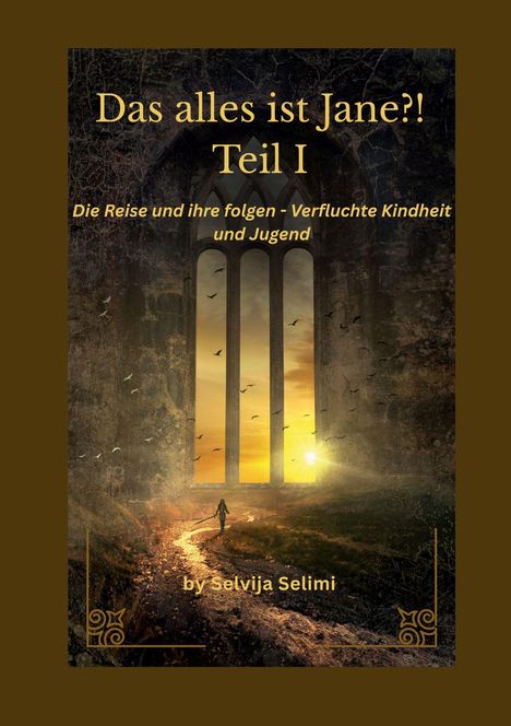 Ein Mädchen geht einen Weg entlang, in Richtung Sonnenaufgang, durch drei gotische Fensterbögen. Vögel fliegen im Hintergrund.