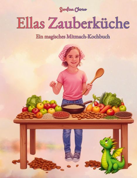 "Ellas Zauberküche. Ein magisches Mitmach-Kochbuch." Ein fröhliches Mädchen steht vor einem Tisch voller Obst und Gemüse. Ein kleiner grüner Drache sitzt daneben.