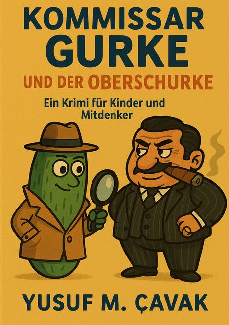 „KOMMISSAR GURKE UND DER OBERSCHURKE“; Ein Krimi für Kinder. Illustration: Eine Gurke mit Lupe, ein Mann mit Zigarre.