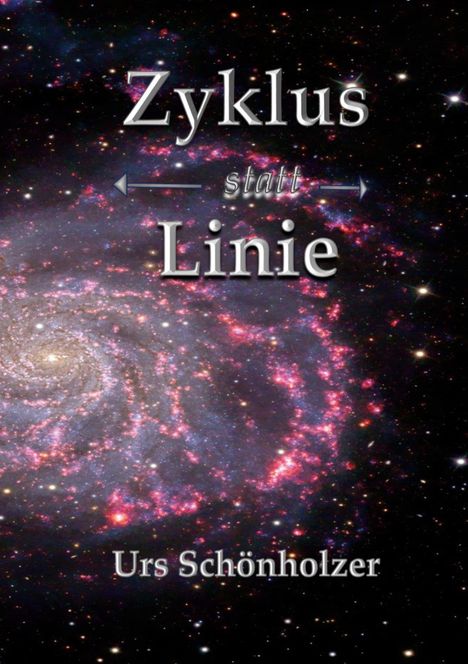 "Zyklus statt Linie" und "Urs Schönholzer" vor einem Hintergrund einer leuchtenden Galaxie.