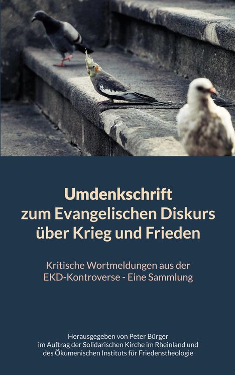 Oben sind Tauben auf Steinstufen. Text: "Umdenkschrift zum Evangelischen Diskurs über Krieg und Frieden". Herausgeber: Peter Bürger.