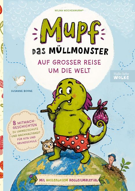 „Mupf das Müllmonster auf großer Reise um die Welt.“ Farbenfrohe Illustration eines grünen Monsters auf einem Globus.