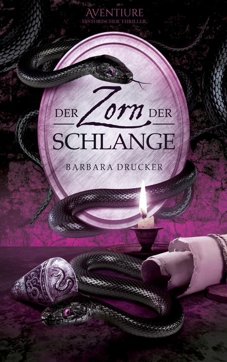 Text: Der Zorn der Schlange, Barbara Drucker. 

Illustration: Eine schwarze Schlange umwickelt ein Siegel und eine Kerze.