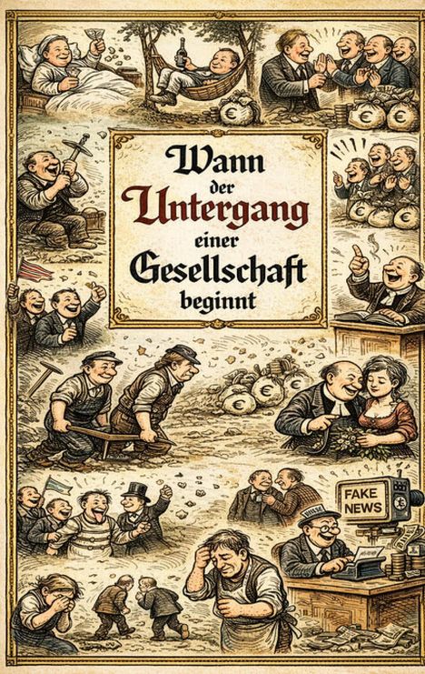 Text: „Wann der Untergang einer Gesellschaft beginnt“. Illustration mit Szenen von Gier, Korruption und Täuschung.