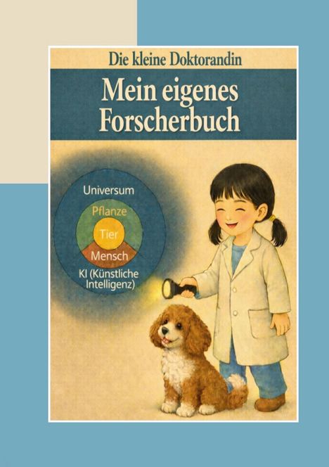 Titel: "Die kleine Doktorandin: Mein eigenes Forscherbuch". Kind mit Hund leuchtet auf Venn-Diagramm.