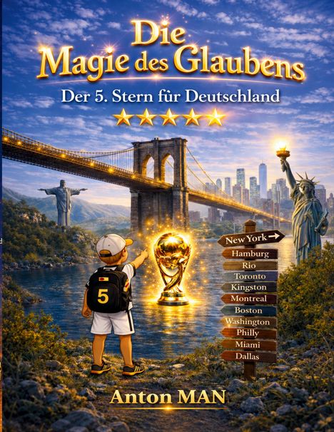 Text oben: "Die Magie des Glaubens", "Der 5. Stern für Deutschland". Unten: "Anton MAN". Illustration mit einer Trophäe.