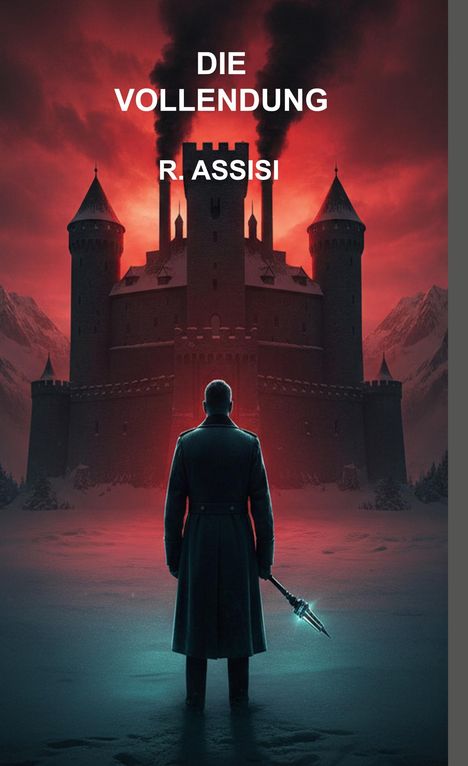 Text: "DIE VOLLENDUNG R. ASSISI." Im Hintergrund eine düstere Burg vor rotem Himmel, vorne eine Person mit einem Stab.