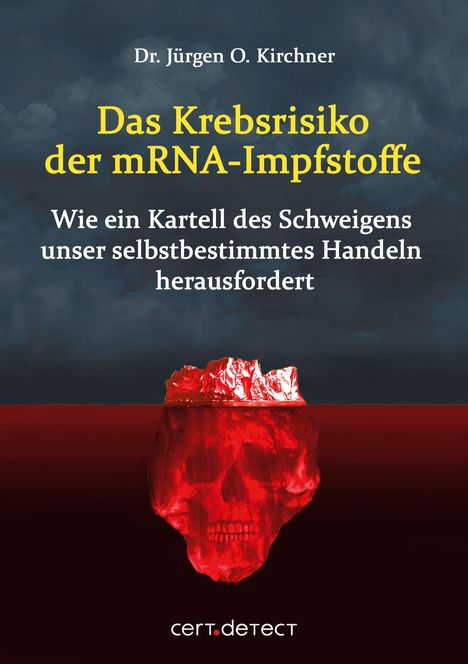 „Das Krebsrisiko der mRNA-Impfstoffe“, Illustration eines roten Eisbergs in Form eines Totenkopfs im Wasser mit Logo.