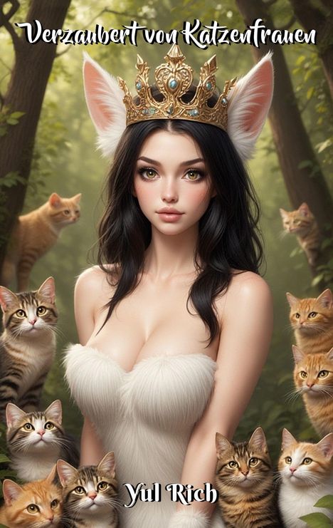 "Verzaubert von Katzenfrauen" und "Yul Rich". Illustration: Frau mit Katzenohren und Krone, umgeben von Katzen im Wald.