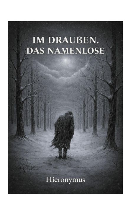 „IM DRAUßEN. DAS NAMENLOSE“ oben, „Hieronymus“ unten. Illustration: einsame Person im verschneiten Wald.