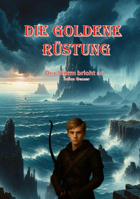 „Die Goldene Rüstung. Der Sturm bricht an. Julian Genser.“ Ein Junge mit Bogen, stürmisches Meer und hohe Klippen.