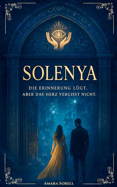 „SOLENYA. Die Erinnerung lügt, aber das Herz vergisst nicht.“ Eine Frau und ein Mann stehen vor einer leuchtenden Tür.