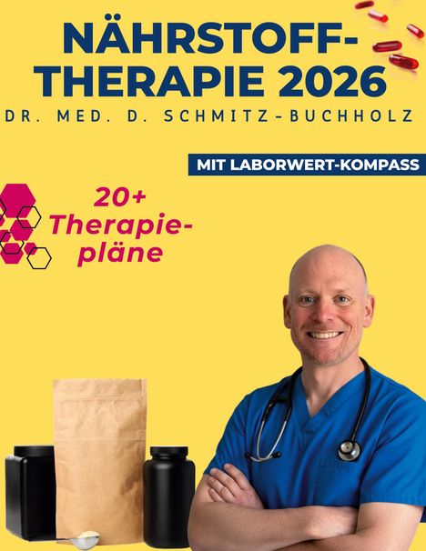 "Nährstoff-Therapie 2026" mit Dr. Schmitz-Buchholz und über 20 Therapieplänen. Arzt in blau mit Stethoskop abgebildet.