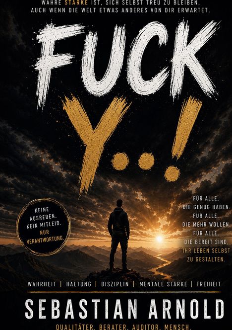 Großer Text: "FUCK Y..!" Unten: "SEBASTIAN ARNOLD". Silhouette eines Menschen vor dramatischem Sonnenuntergang.