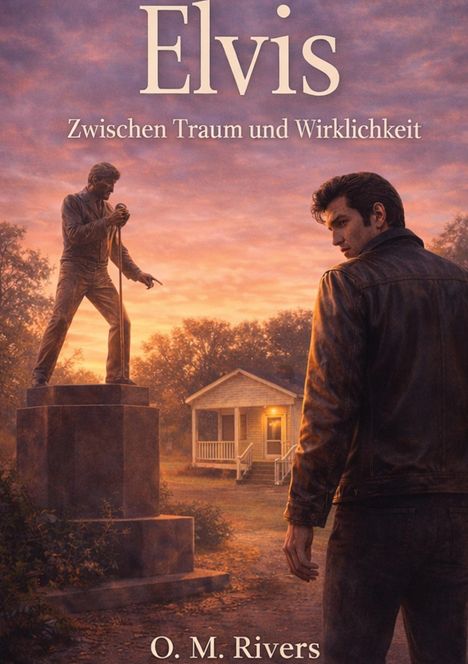 "Elvis: Zwischen Traum und Wirklichkeit" von O. M. Rivers. Eine Statue und eine Person davor bei Sonnenuntergang.