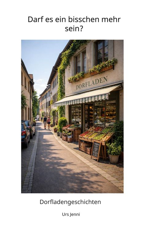 Titel: "Darf es ein bisschen mehr sein?" Ein idyllischer Dorfladen mit Obst und Gemüse vor dem Eingang.