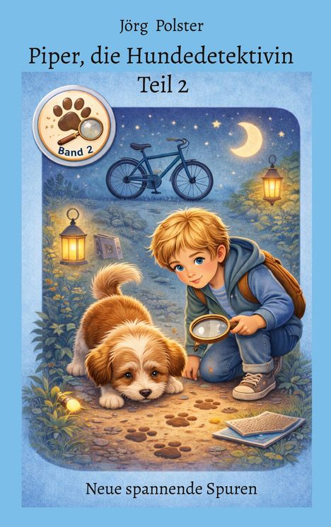 Kinderbuch-Cover: Ein Junge mit Lupe kniet neben einem Hund auf einem Pfad bei Nacht. Ein Fahrrad und Laternen sind sichtbar.