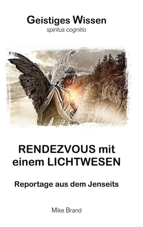 "Geistiges Wissen: Rendezvous mit einem Lichtwesen. Reportage aus dem Jenseits. Mike Brand." Ein Engel in Landschaft.