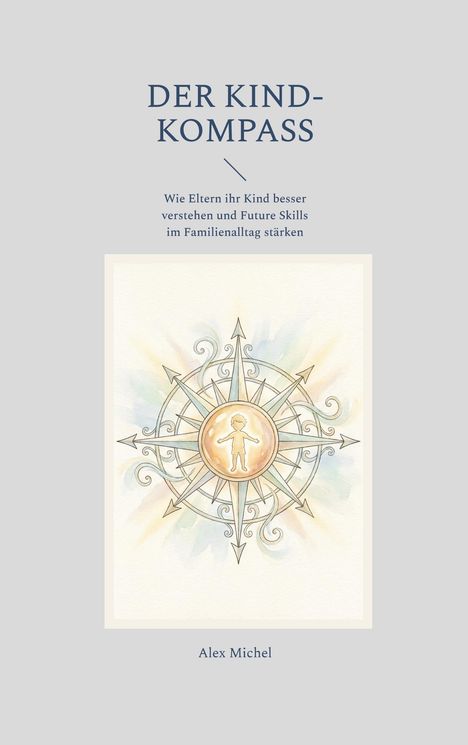 "DER KIND-KOMPASS" Überschrift, daruner Text über Eltern und Future Skills. Illustration: Kind im Mittelpunkt eines Kompasses.