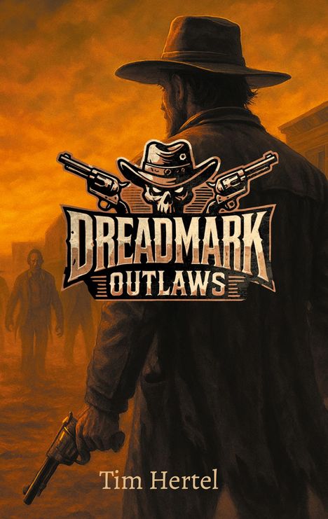 „Dreadmark Outlaws“ Logo: Skelett mit Cowboyhut, zwei Revolver. Mann im Staubmantel, Revolver in Hand, rauchiger Hintergrund.