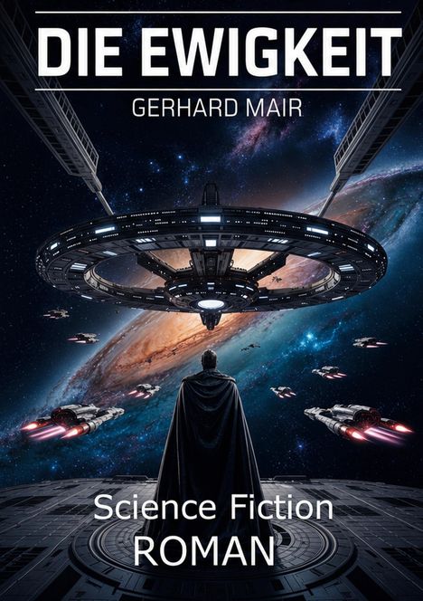 "Die Ewigkeit" von Gerhard Mair. 
Science-Fiction-Weltraumszene mit Raumschiffen, Planeten und einer zentralen Raumstation.